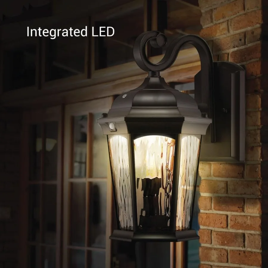 Euri Lighting EFL130WMD Lampada da portico con fiamma tremolante con vetro d'acqua e luce di sicurezza integrata in bronzo lucidato a olio Housin