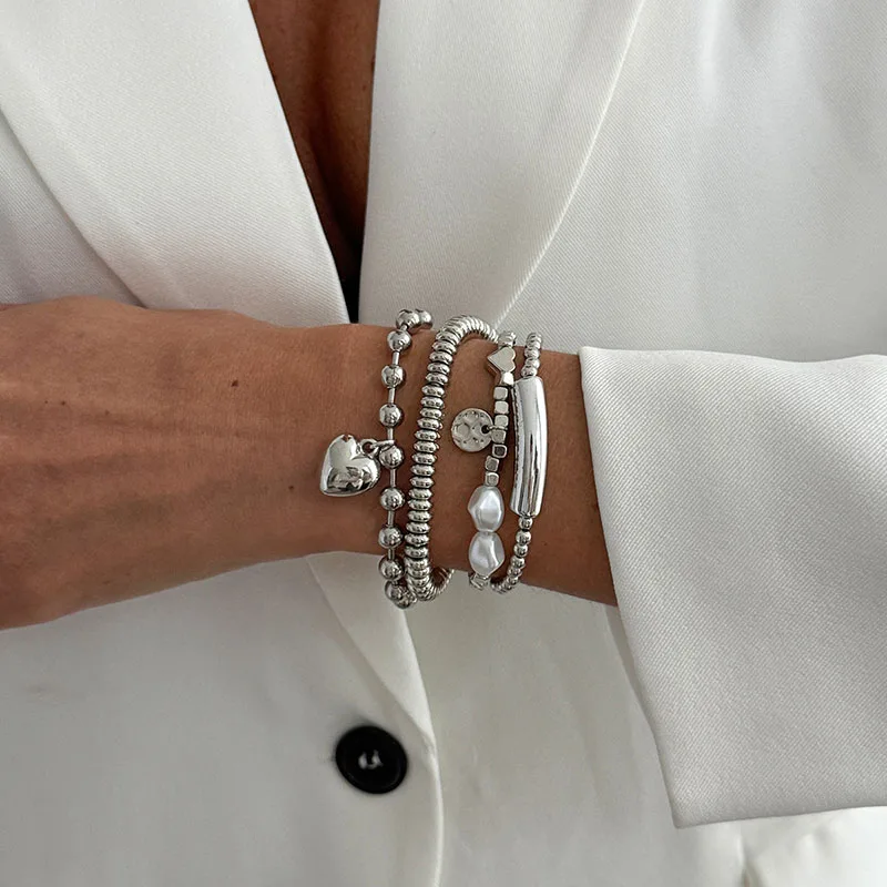 4Pcs/Set New Imitation Pearls Metal Heart Pendant Bracelets Women Fashion Creative Sliver Color Cube Chain Jewelry Gifts