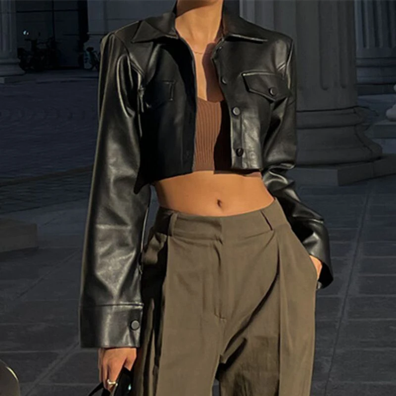 American PU Leather Jacket Women Black High Street Fashion Casual Long-sleeved Button Coat Slim Harajuku Y2K Sexy Cropped Tops