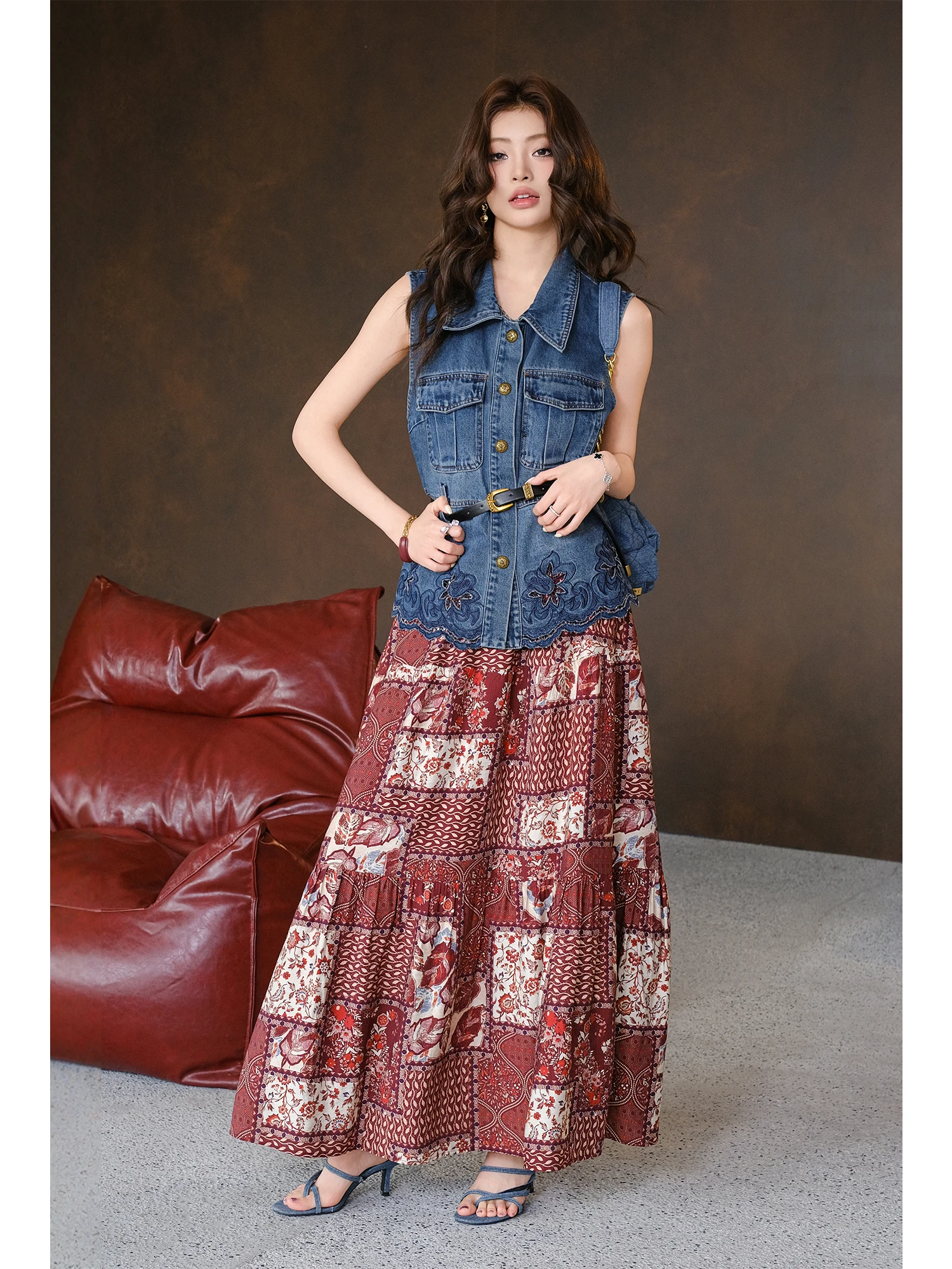 

MIUCO Casual Embroidered Denim Vest Waist-Cinching Top Holiday Style Midi Skirt Spring Fashion Set Women's High Waist