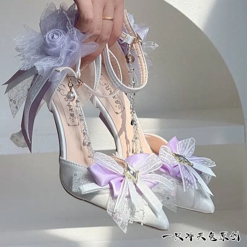 Sandalias de tacón rosa, conjunto de zapatos y bolsos de tacón Lolita, zapatos de fiesta de tacones altos de lujo para mujer, zapatos de novia con lazo para bodas, tacones Y2K