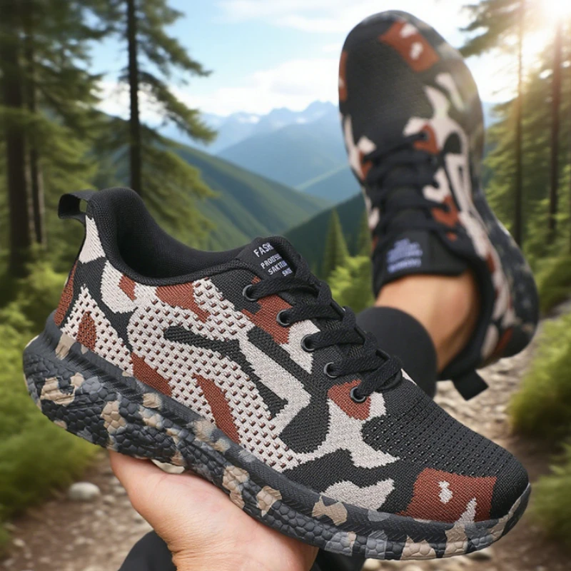 Men’s Camo Athletic Shoes Mesh Fabric for Ventilation Non-slip Cushioned Bottom Shoes Fashion Outdoor Trail Running Sneakers Men