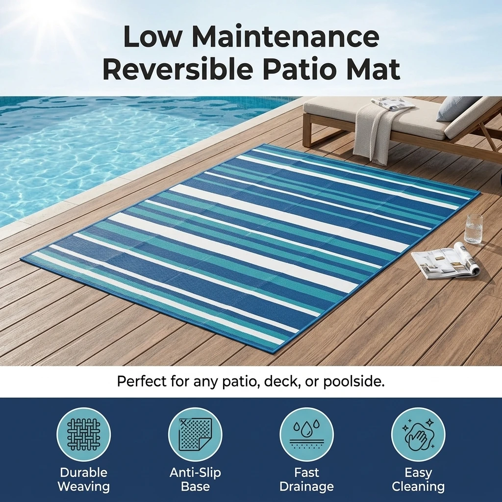 Homeowners Outdoor Rug Woven PE Patio Carpet Fast Drainage Water Resistant for Garden Terrace Pool Area Durable Washable
