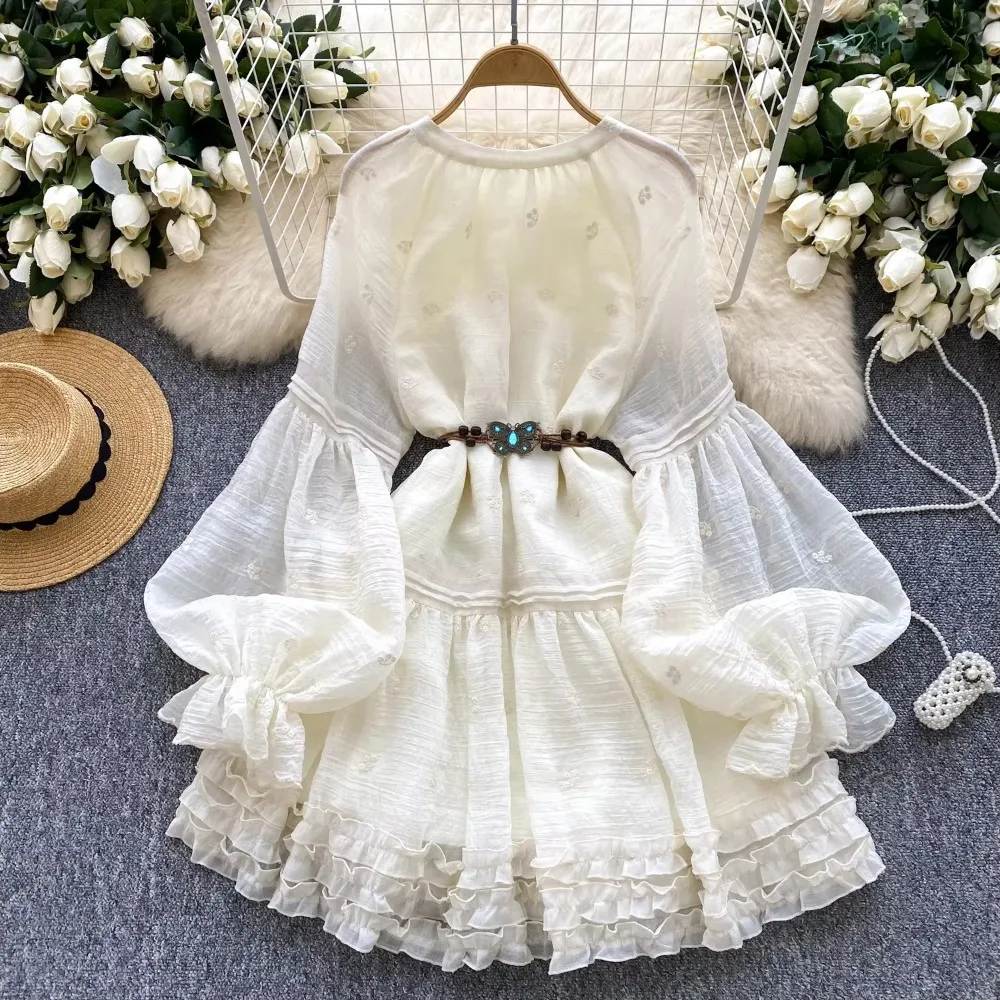 Sweet Embroidered O-neck Lace-up Vintage Lantern Long Sleeves Ruffle Slim Ball Gown Dresses French Vacation High Street Clothing