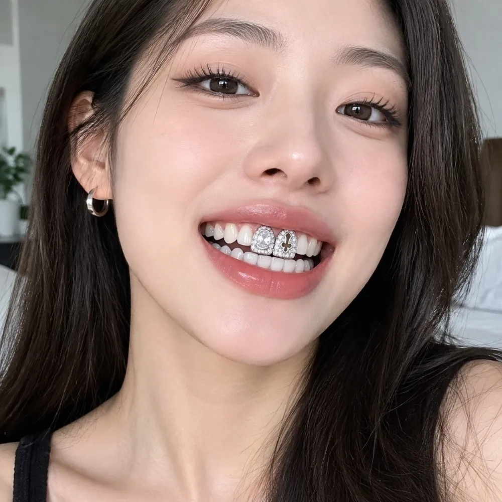 Fashionable Double Teeth Hip Hop Copper Grillz Shiny Hollow Tooth Caps Zircon Stone Unique Cross Grillz Halloween Parties