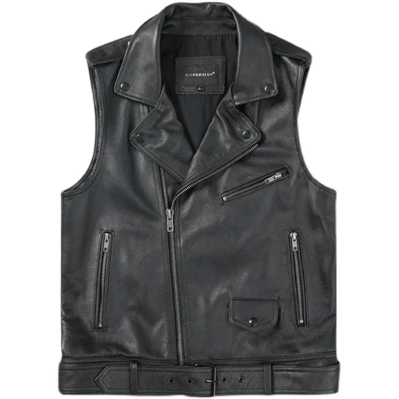 Black Cow Leather Biker Vest With Belt Moto Men Genuine Motorcycle Waistcoat Jacket Sleeveless