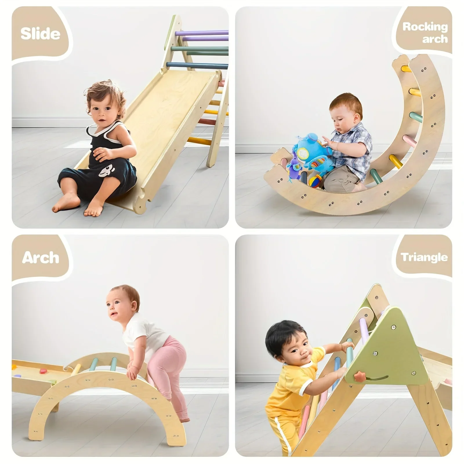 5in1 Toddler Climbing Toys, Wooden Foldable Climbing Toys For Toddlers 1-3 Inside, 3 Piece Baby Climbing Gym Indoor Playground