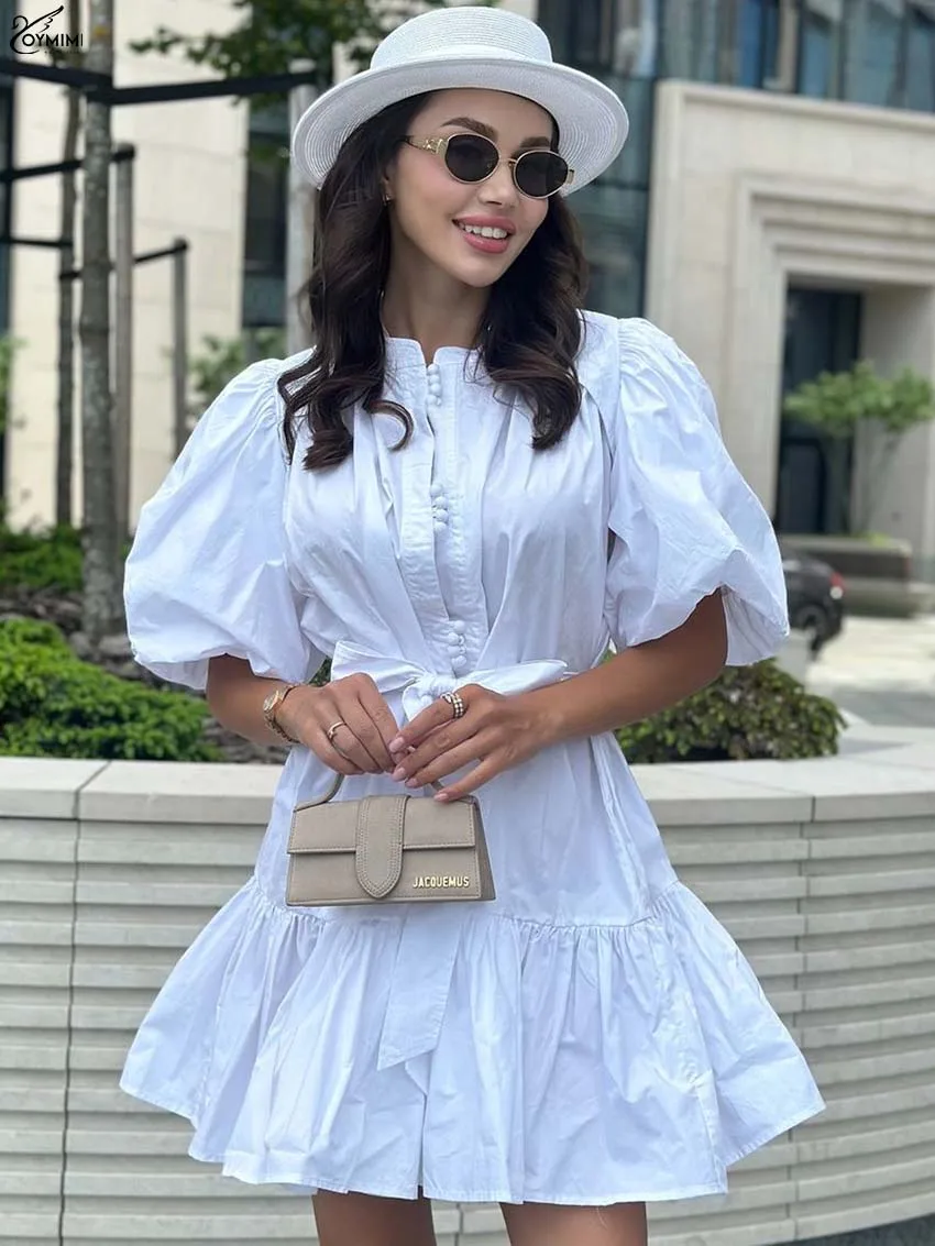 

Oymimi Fashion White Cotton Womens Dresses Casual O-Neck Puff Sleeve Button Dresses Autumn Lace-Up Pleated Mini Dress Streetwear