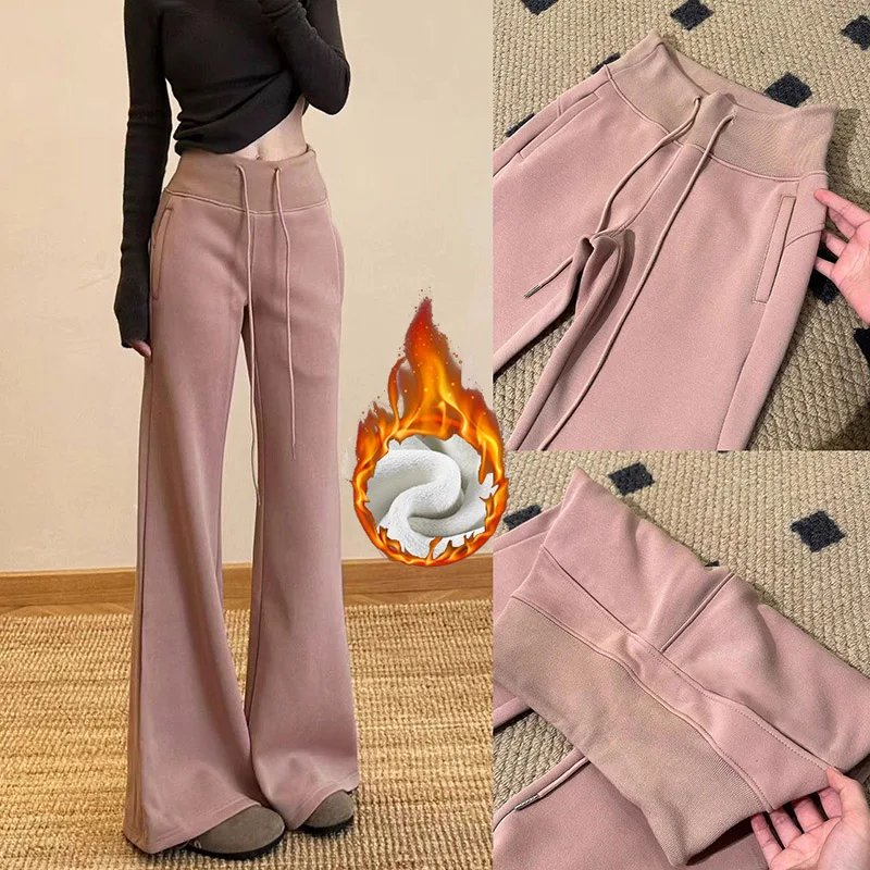 Winter-Damen-Thermo-Fleece-Freizeithose mit hoher Taille, gerade geschnittene Plüschhose für Frauen, warme, dünne, einfarbige Schneehose für Mädchen.