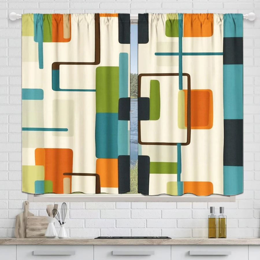 2PCS Digital Print Curtain, Mid Century Modern Geometric Lines Pattern, Retro Abstract Art for Living Room Bedroom Home Decor