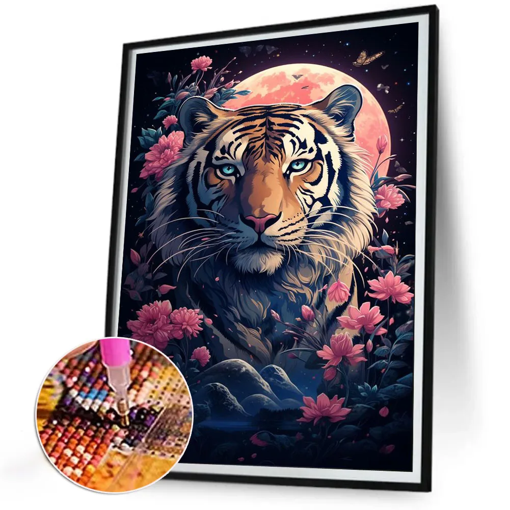 Flower Moon Tiger DIY Diamond Painting Full square round New 2024 Cross Stitch Mosaic Diamond Embroidery For Home Decor