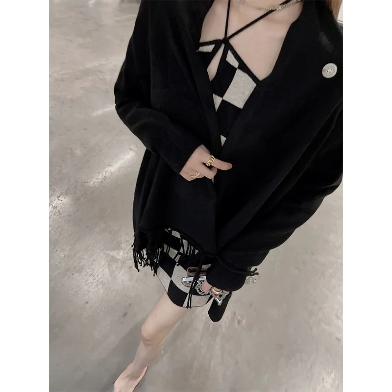 

Вязаный кардиган с бахромой, свободный крой, женский, новинка весна-осень, с открытым воротником-халатом, повседневный топ