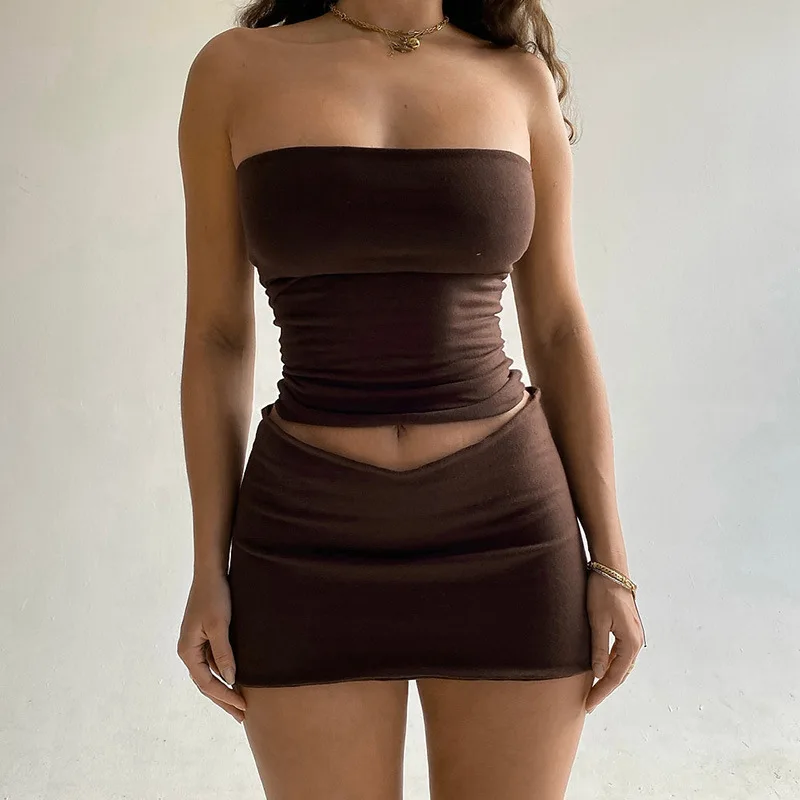 Women’s Sexy Two-piece Set Tube Top & Mini Skirt High Waisted Party Club Vacation Matching Outfits Summer Fashion