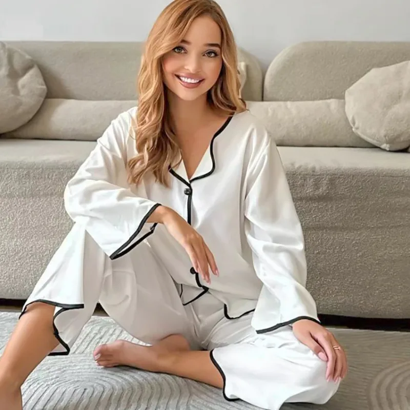 New Autumn Spring Modal Cardigan Women Loose Fit Long Sleeves Trousers Pajamas Stylish Splicing Loungewear Matching Casual L