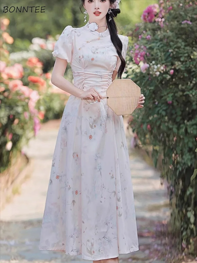 

Puff Sleeve Dresses Women New Chinese Style Defined Waist Elegant Temperament Young Mid-length Vestidos Summer Aesthetic Popular