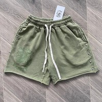Men's Casual Shorts Green Wash Saint Vanity Embroidery Rivet Jorts Men Women High Quality Drawstring Loose Shortpants Breeches