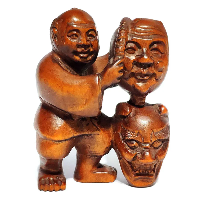 

Y6803 - 2 " Hand Carved Japanese Boxwood Netsuke Carving Figurine : Elder Selling Mask