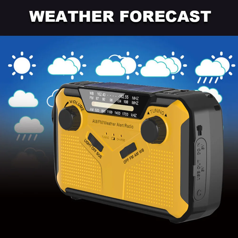 2025 Rádio de emergência quente Rádio solar com manivela AM/FM Lanterna LED SOS Alarme Power Bank Alto-falante و 