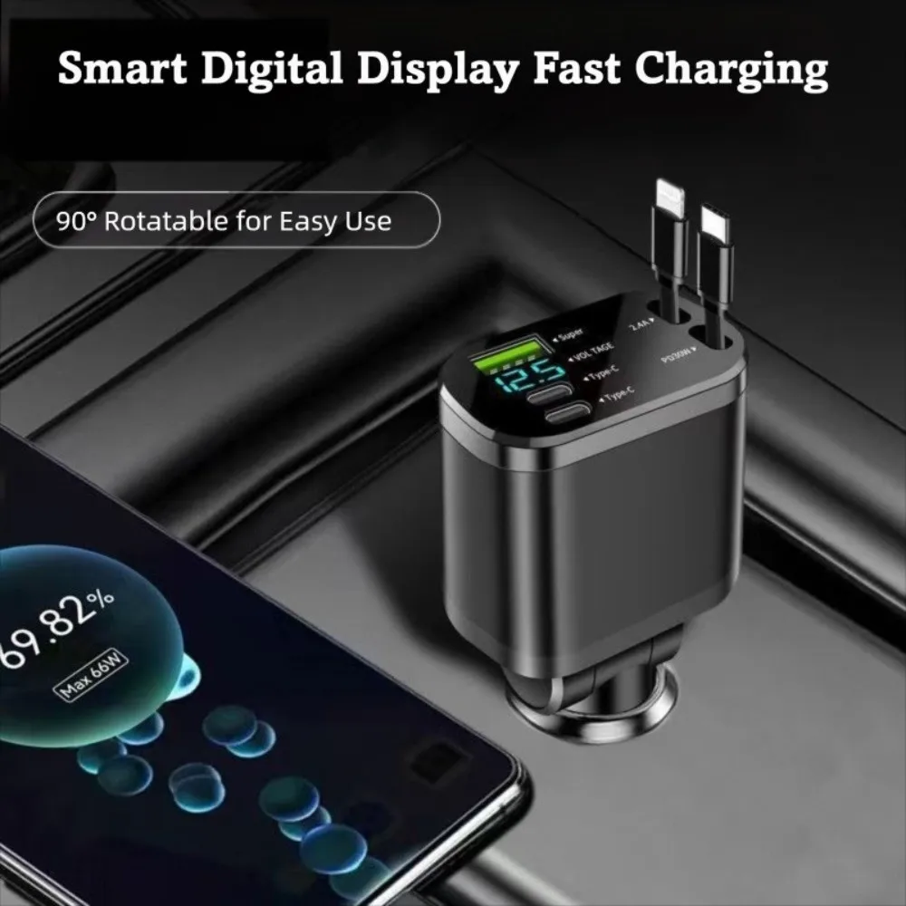 

Portable Car Charger Adapter​ ​5-in-1 Dual Type C ​Retractable Cable Car Charger​ Fast Charging Voltage Display
