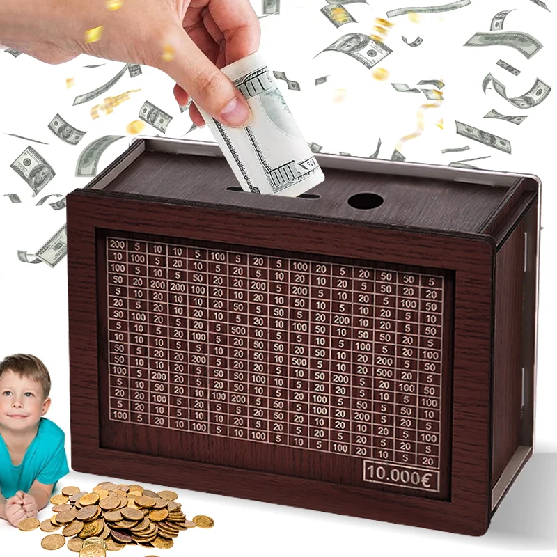 Money Box Wooden Piggy Bank Money Container Reusable Assembled Euro Cash Boxes With Savings Goals And Numbers Boxes