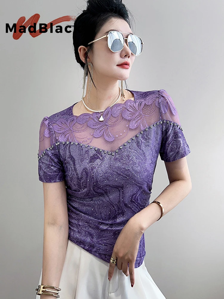 MadBlack-Women European T-Shirt, Sexy Slash Neck Lace Beading, Korean Short Sleeve Slim M-3XL Thin Tee, 2026 Summer New T66976CC