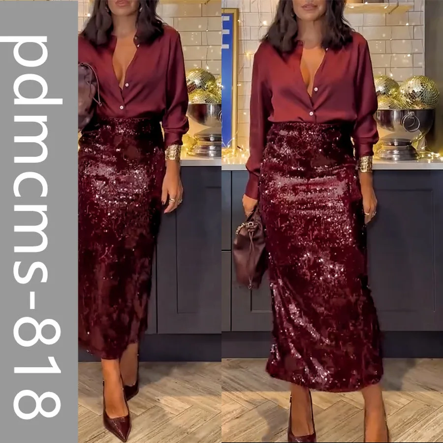 

Новинка 2025, европейская и американская весенняя, осенняя и новая летняя праздничная рубашка, комплект из двух предметов, INS, повседневный свободный комплект с юбкой с блестками