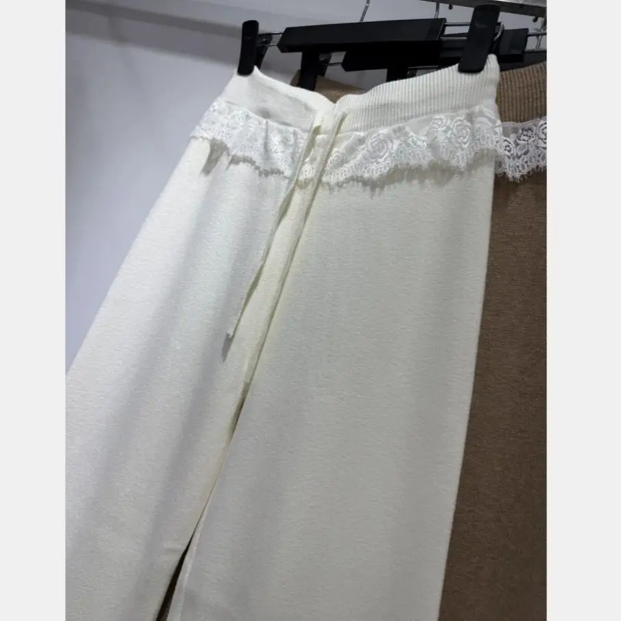 새로운 가을 니트 넓은 다리 바지 여성 캐주얼 레이스 패치 워크 탄성 허리 Drawstring 운동복 우아한 바지 의류