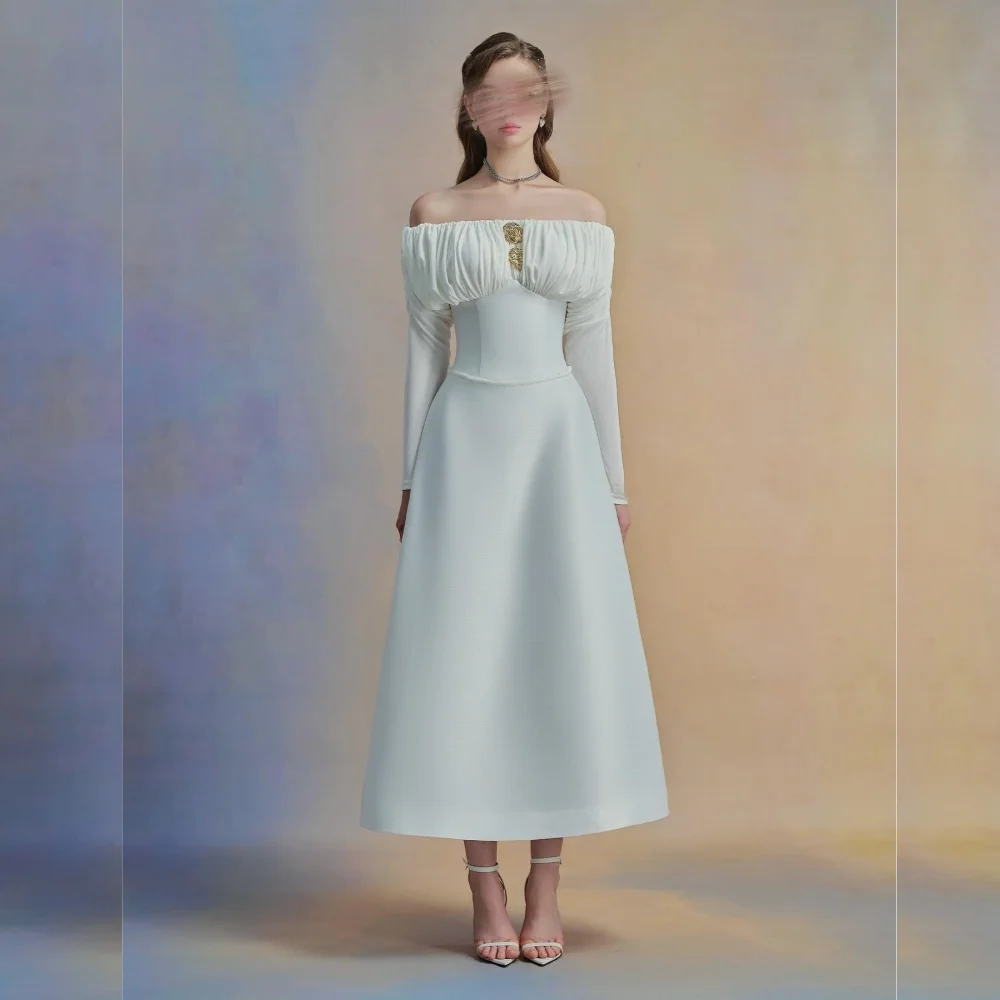 

Customized Charmeuse Pleat Sequined Off-the-shoulder A-line Midi Homecoming Dresses Bespoke Occasion Elegant Party Gown