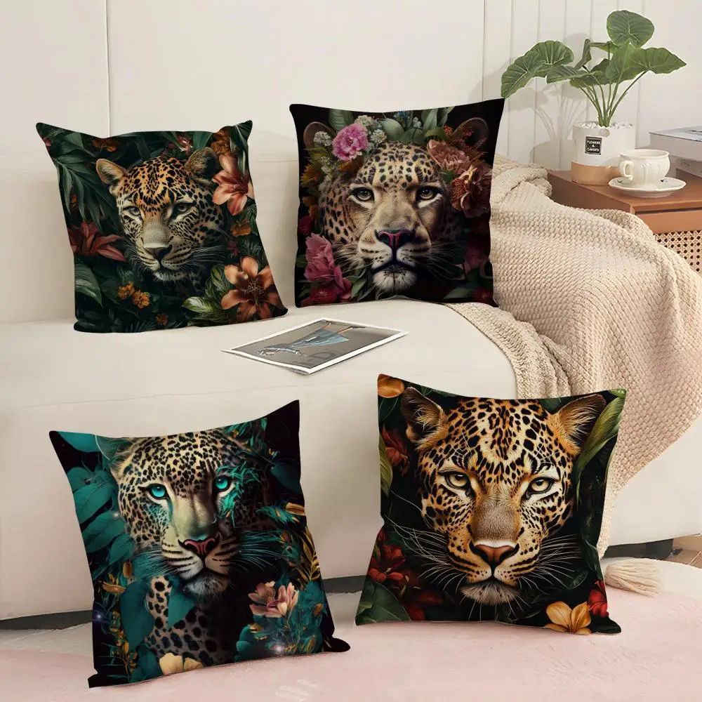 Leopard With Wreath Animals  Cushion Cover Soft Short Plush Pillow Cover Smooth Cozy Texture Aesthetic Cushion Case Home Decor