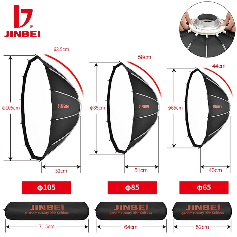 JINBEI 65/85/105cm Deep Beauty Dish Softbox Portabe Photography Studio Soft Box Quick Release with Honeycomb Grid Bowens Mount