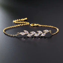 ZAKOL Exquisite Leaf Cubic Zirconia Charm Chain & Link Bracelets for Women Girls Three Colors Bridal Wedding Jewelry
