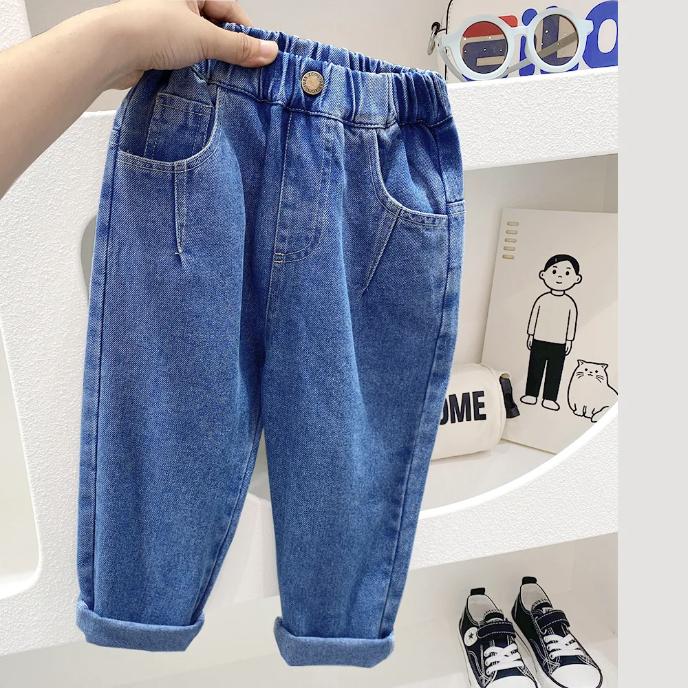 New Spring Autumn Students Boys Jeans Elastic Waist Pstchwork Children Boys Denim Pants Casual Loose Comfortable Kid Boys Pants