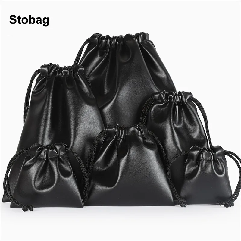 StoBag 5pcs Black PU Leather Bags Small Drawstring for Headphone Storage Package Waterproof Dustproof Portable Pocket Pouches