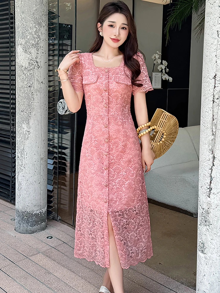 

Summer Pink Lace Jacquard Short Sleeve Square Collar Dress Women Elegant Chic Prom Dress 2025 Korean Vintage Luxury Party Dress