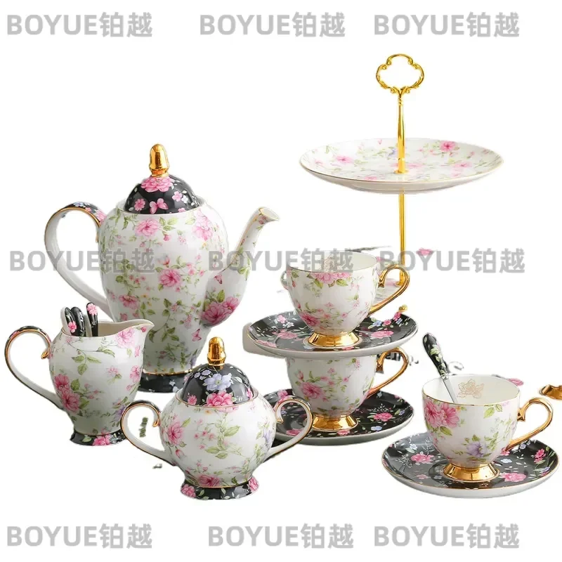 Bone China Coffee Set Floral Teapot Cup Saucer Spoon Afternoon Tea Service Elegant Gift Box Korean Style Fresh Design