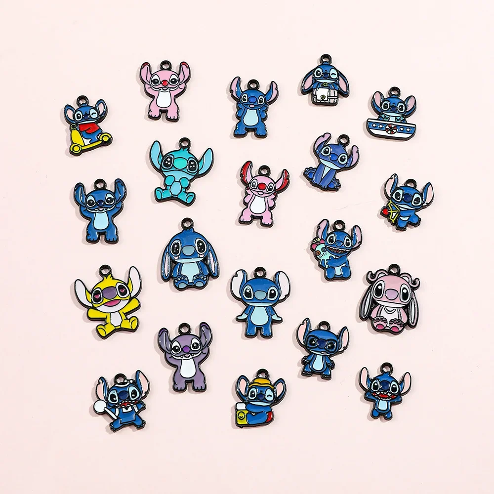 10pcs Disney Stitch Cartoon Charm Jewelry Accessories Anime Enamel Necklace Earring Pendant Diy Making Alloy Metal Black Plated