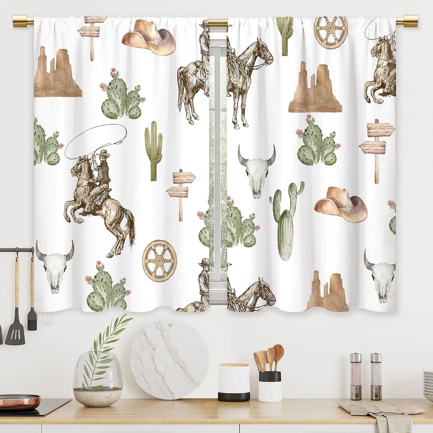 Western Cowboy Cactus Curtains Desert Horse Skull Hat Print for Living Room Bedroom Man Cave Decor