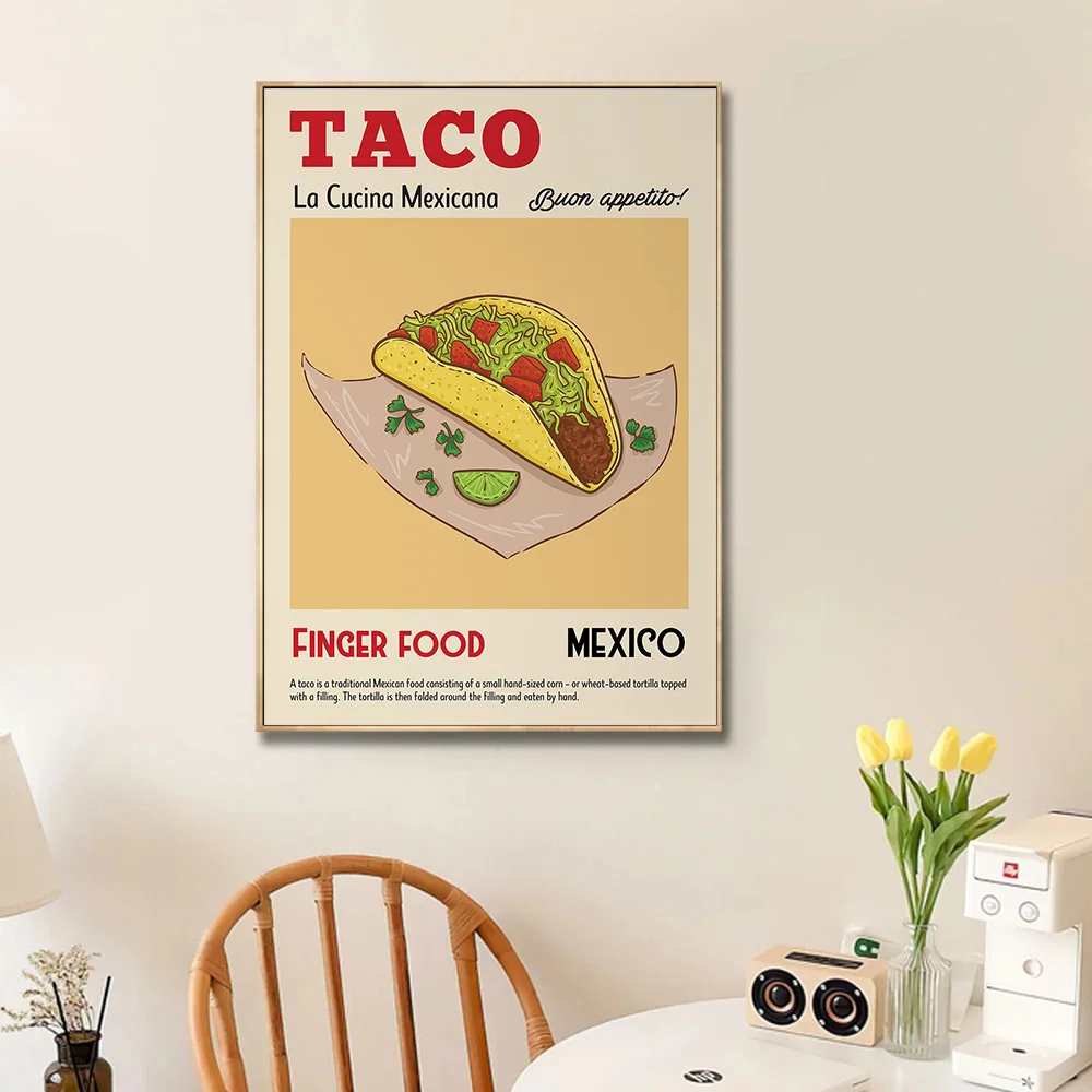 French Food Dessert Cuisine Croissant Mexican Taco Cartoon Poster Canvas Painting Wall Art Pictures Kitchen Bar Home Decor