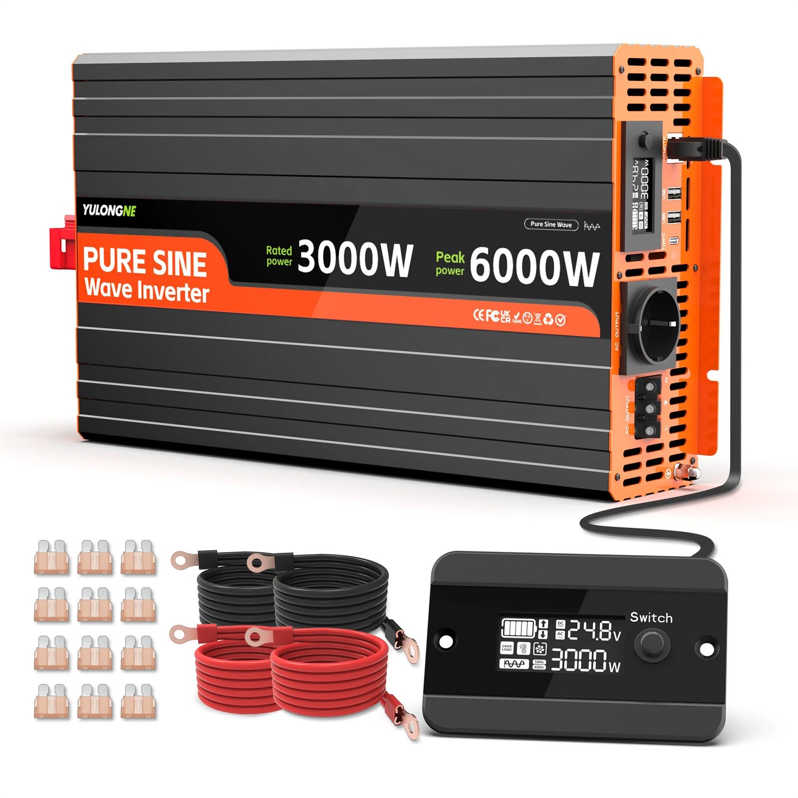 Pure Sine Wave Power Inverter 2000W 2500W 3000W Optional DC24V to AC230V EU Socket LCD Remote Control Voltage Converter for RV S