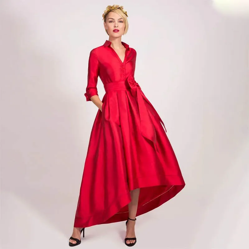 Graceful Short Red Taffeta Mother of the Bride Dresses With Bow A-Line V-Neck Floor-Length Groom Mother Dresses For Weddings