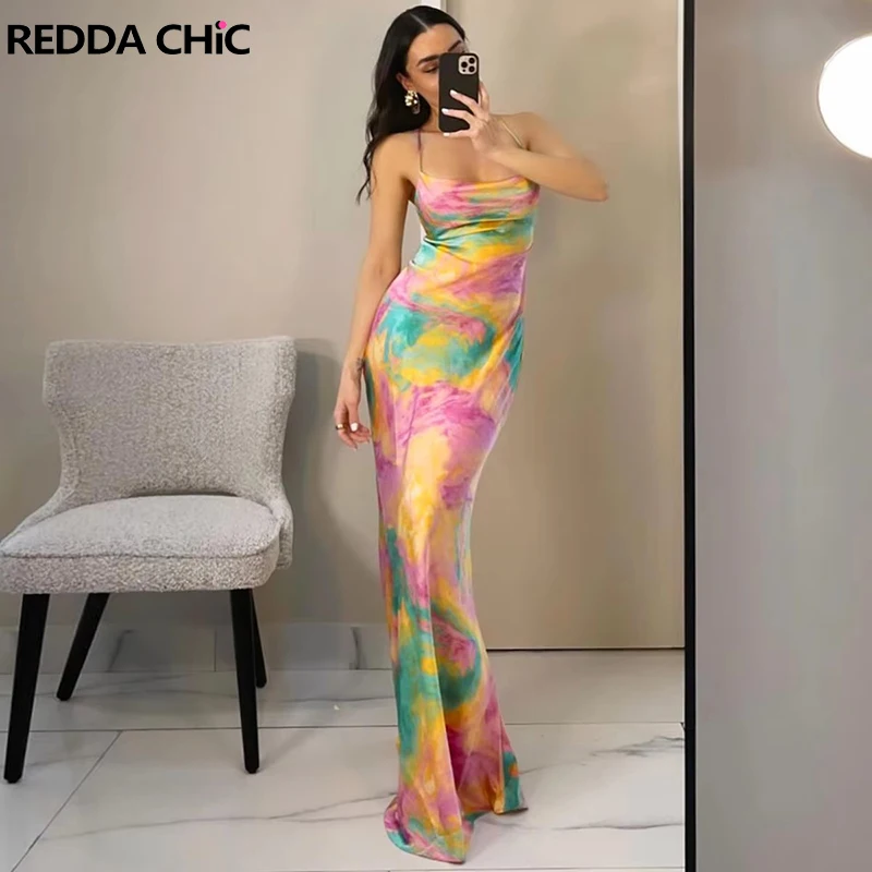 ReddaChic Tie dye Cowl Neck Summer Dress Women Open Back Strappy Sleeveless Maxi Long Ombre One-piece Summer Holiday Beachwear