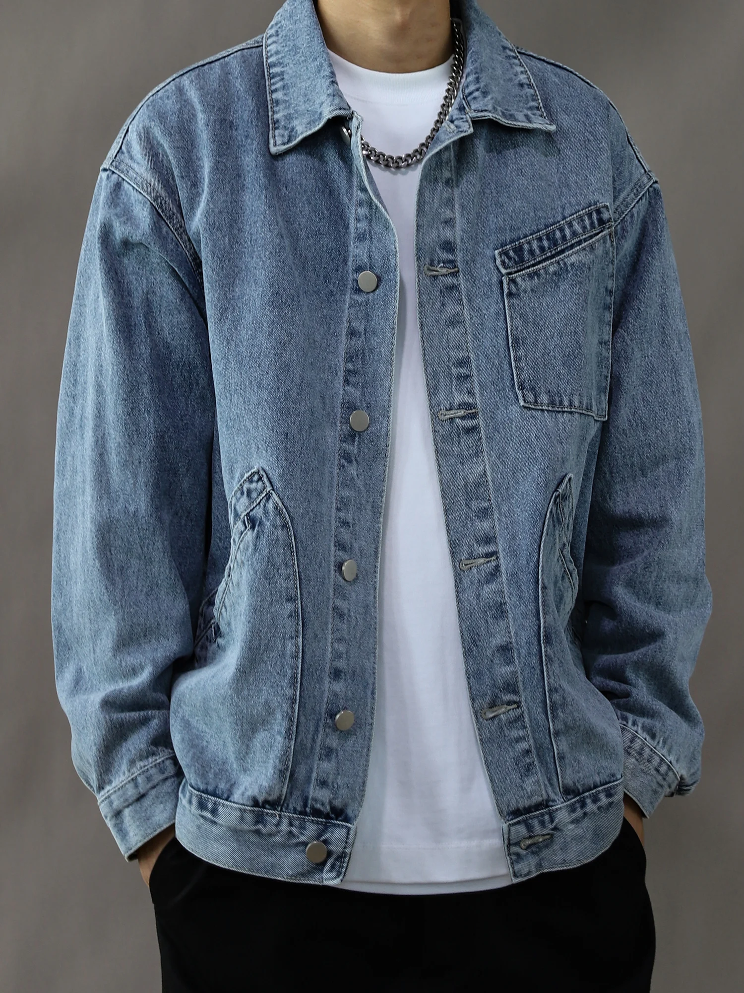 

Retro Denim Jaet for Men Casual Loose Fit Waed Blue Collar Spring Autumn New High Street Sle Cotton Blend Long Sve