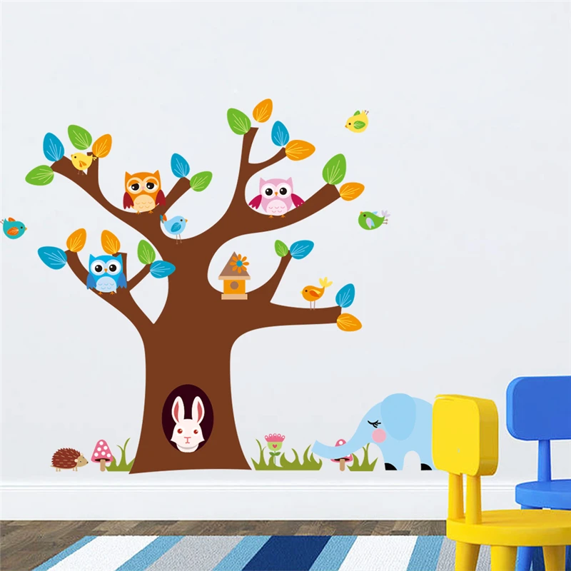 Lovely Owls Colorful Tree Wall Sticker For Kids Room Decoration Nursery Home Decal Removable Diy Cartoon Animal Wall Mural Art