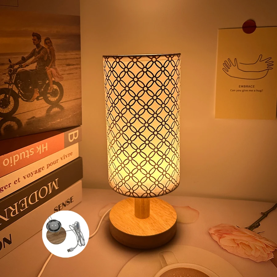 Nordic Solid Wood Base USB Lamp Bedroom Bedside Study Residential Bed Led Three-color Warm Eye Protection Night Light