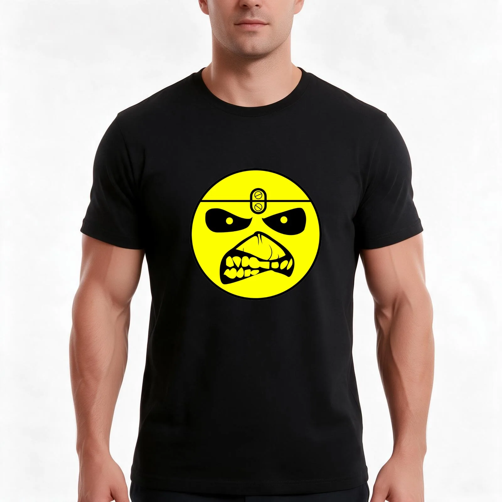Yellow Head Logo T-Shirt, Summer Casual Cotton Tee, Oversized Streetwear Tops, Vintage Graphic Print, Loose Fit Short Sleeve