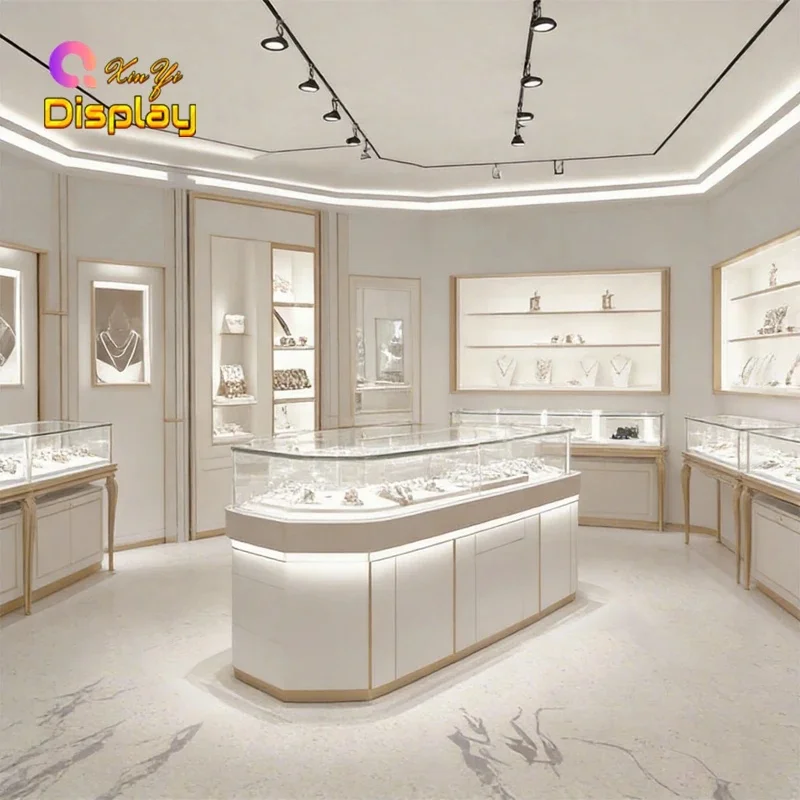 custom.Professional Modern Eco-Friendly Durable Jewelry Display Cabinet Stainless Steel Frame LED Lights Luxury R