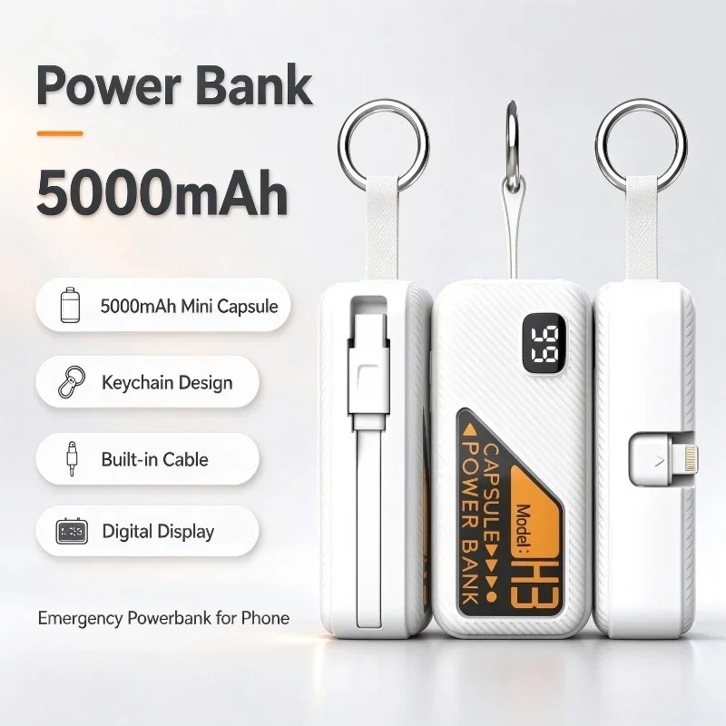 Mini Power Bank 5000mAh Portable Emergency External Battery, Built-in Cable Digital Display Keychain Capsule Design Powerbank