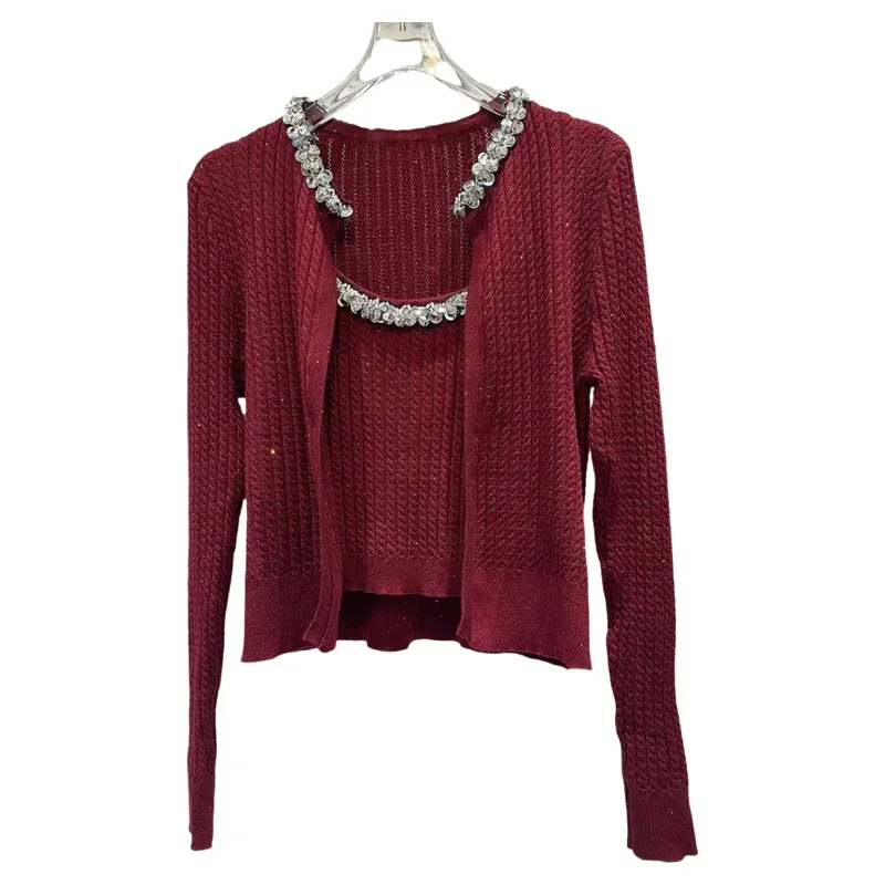 2024 Autumn New Silver Sequin Tank Tops + Knitted Jacket Two-piece Sets Womens Outfits Sweet Knitted Cardigan Crop Top