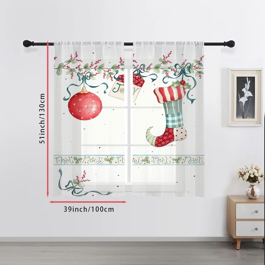 2PCS Bauble Stocking Sheer Curtains, Holly Berry Noel Christmas Print, Rod Pocket Window Drapes for Xmas Holiday Home Decor