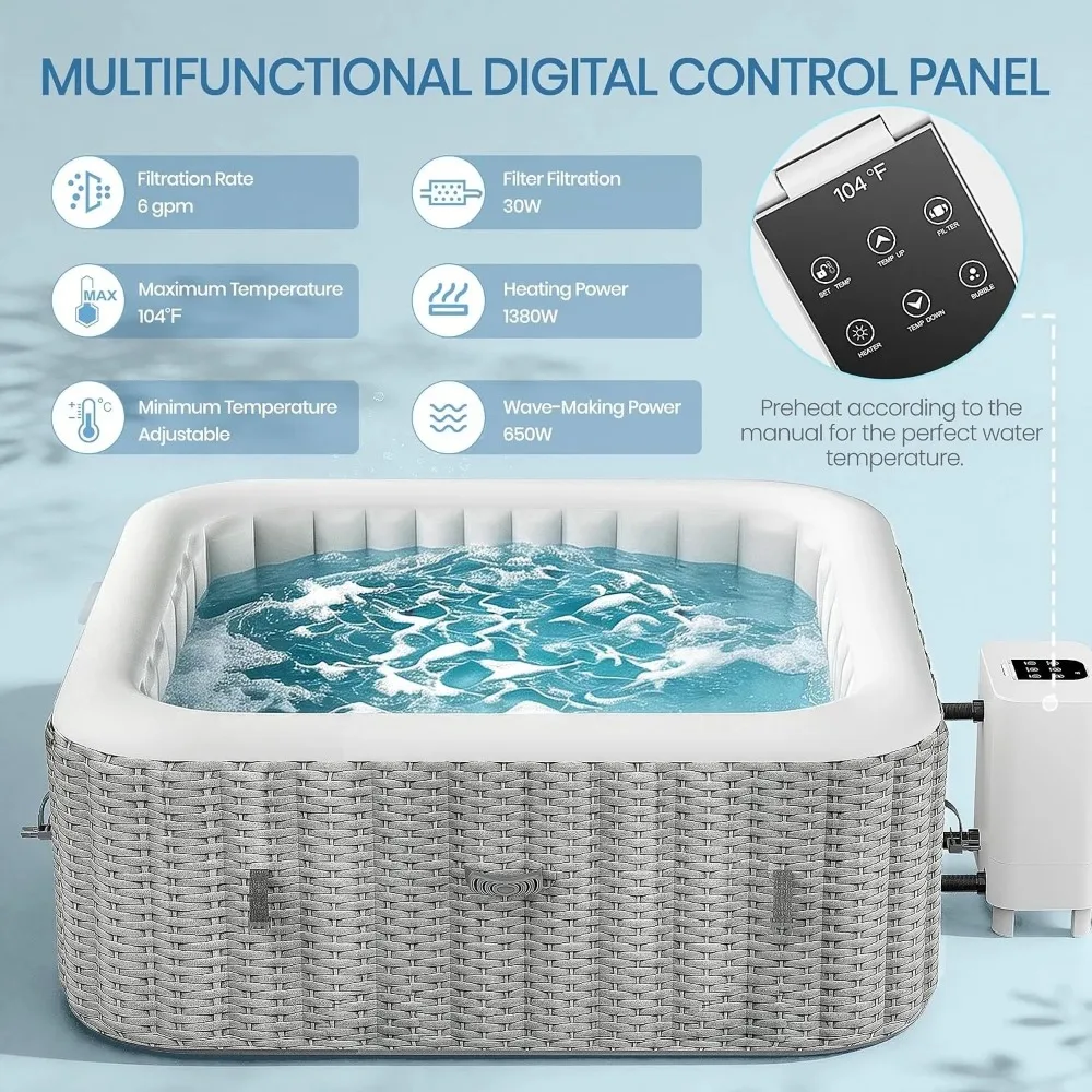 4-6 Person Square Inflatable Hot Tub,73 Inch,Bubble Massage,Portable Outdoor Spa Set, Custom